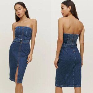 NWT Reformation Milly Strapless Front Slit Belted Denim Mini Dress Blue Size: 0
